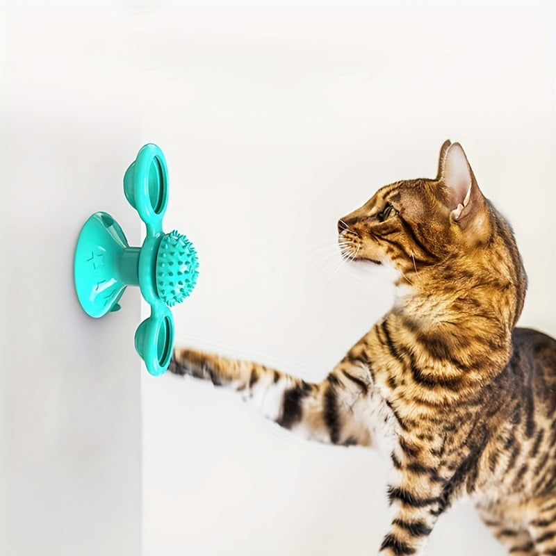 Rotating Windmill Cat Toy – Suction Cup Catnip Spinner & Dental Massager