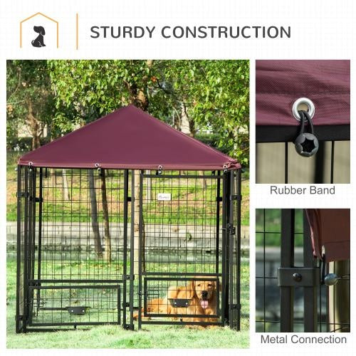 Outdoor Dog Kennel with Rotating Bowl Rack & UV-Resistant Awning