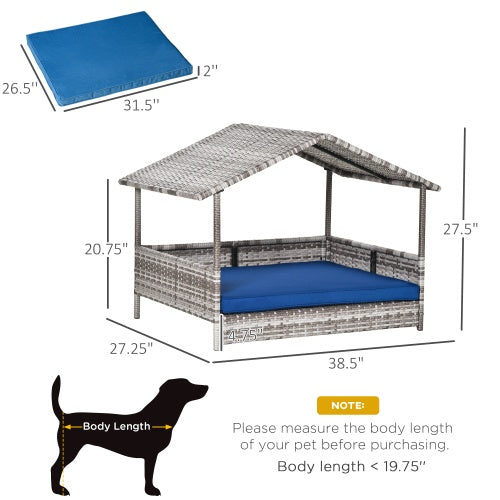 Rattan Dog House with Canopy and Waterproof Mat
