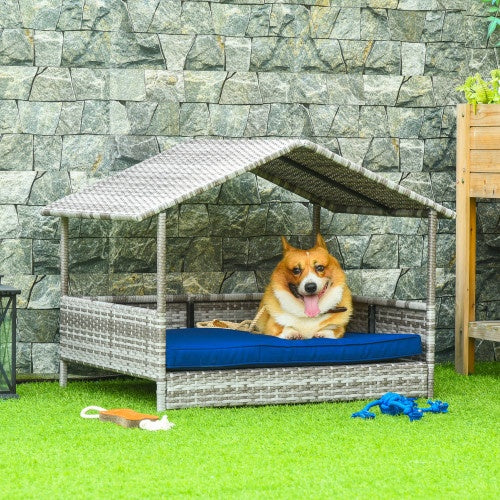 Rattan Dog House with Canopy and Waterproof Mat