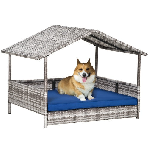 Rattan Dog House with Canopy and Waterproof Mat