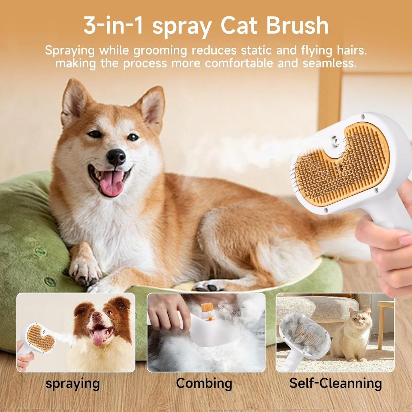 Steam Pet Brush for Cats & Dogs – 3-in-1 Grooming & Hair Removal Comb