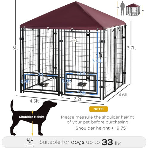 Outdoor Dog Kennel with Rotating Bowl Rack & UV-Resistant Awning