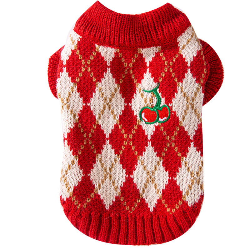 Warm Diamond-Embroidered Cherry Pet Sweater