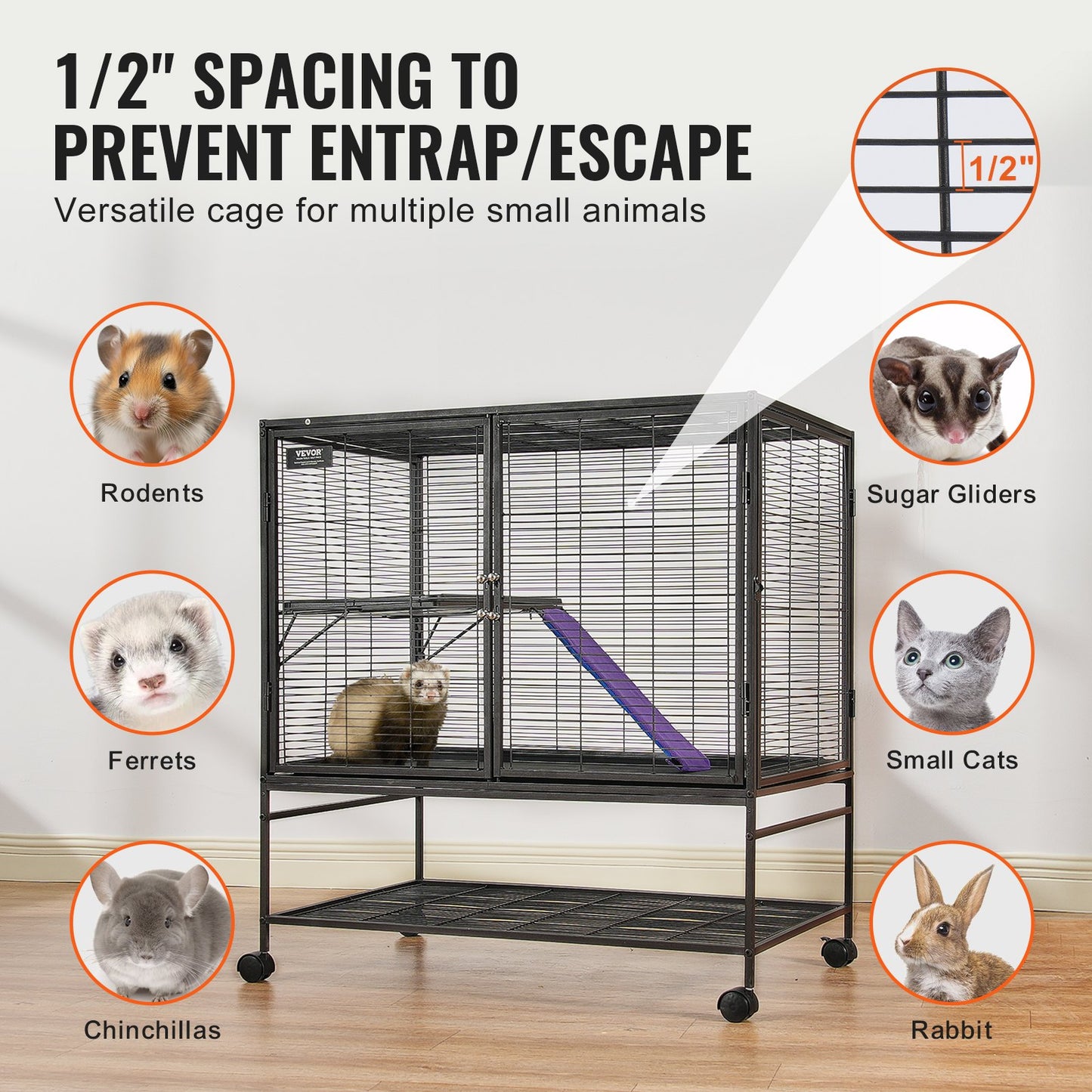 39' Metal Small Animal Cage 2-Tier Rolling Ferret Cage With Tray A Ramp