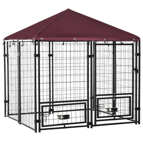 Outdoor Dog Kennel with Rotating Bowl Rack & UV-Resistant Awning
