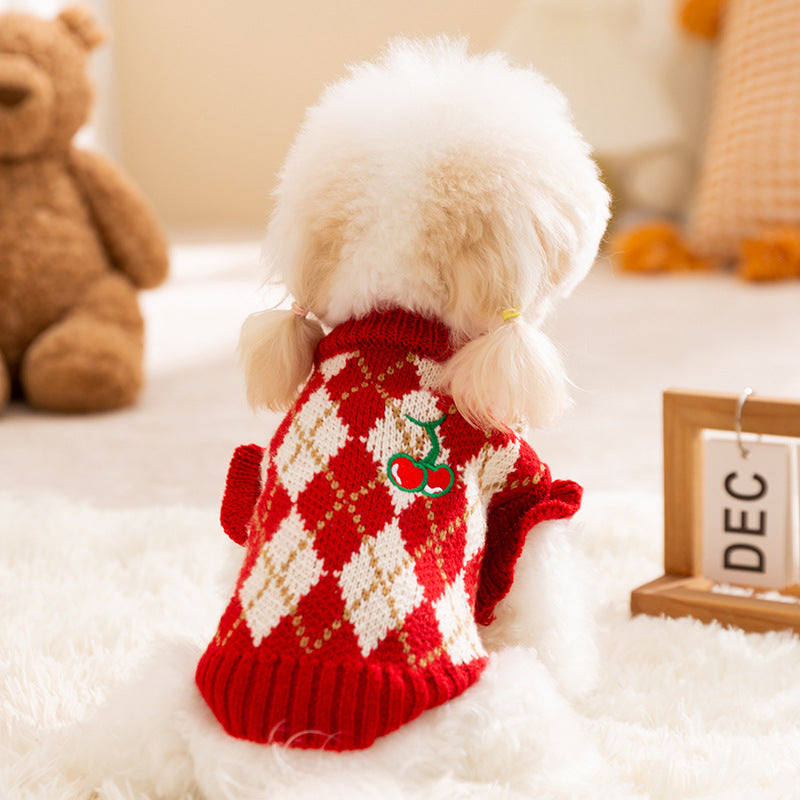 Warm Diamond-Embroidered Cherry Pet Sweater