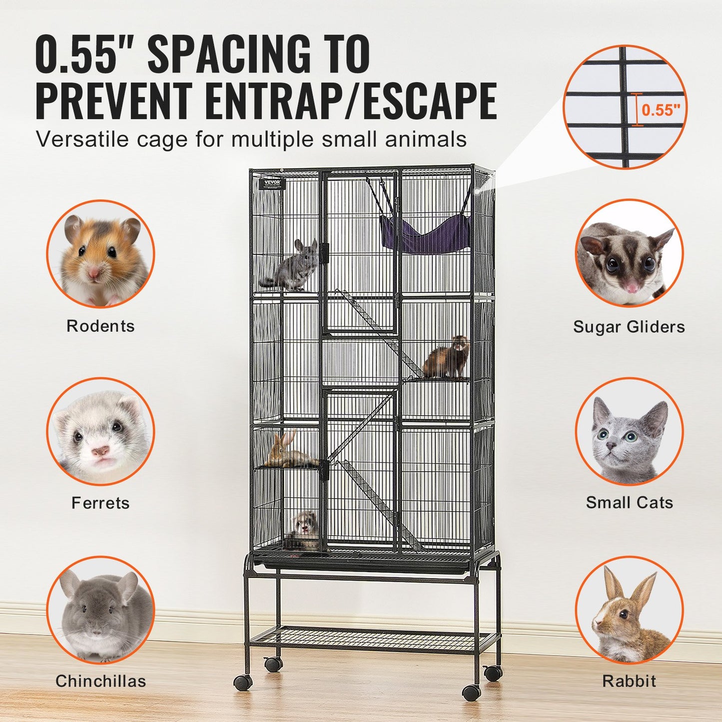 69' Metal Small Animal Cage 4-Tier Rolling Ferret Cage With Tray 3 Ramps