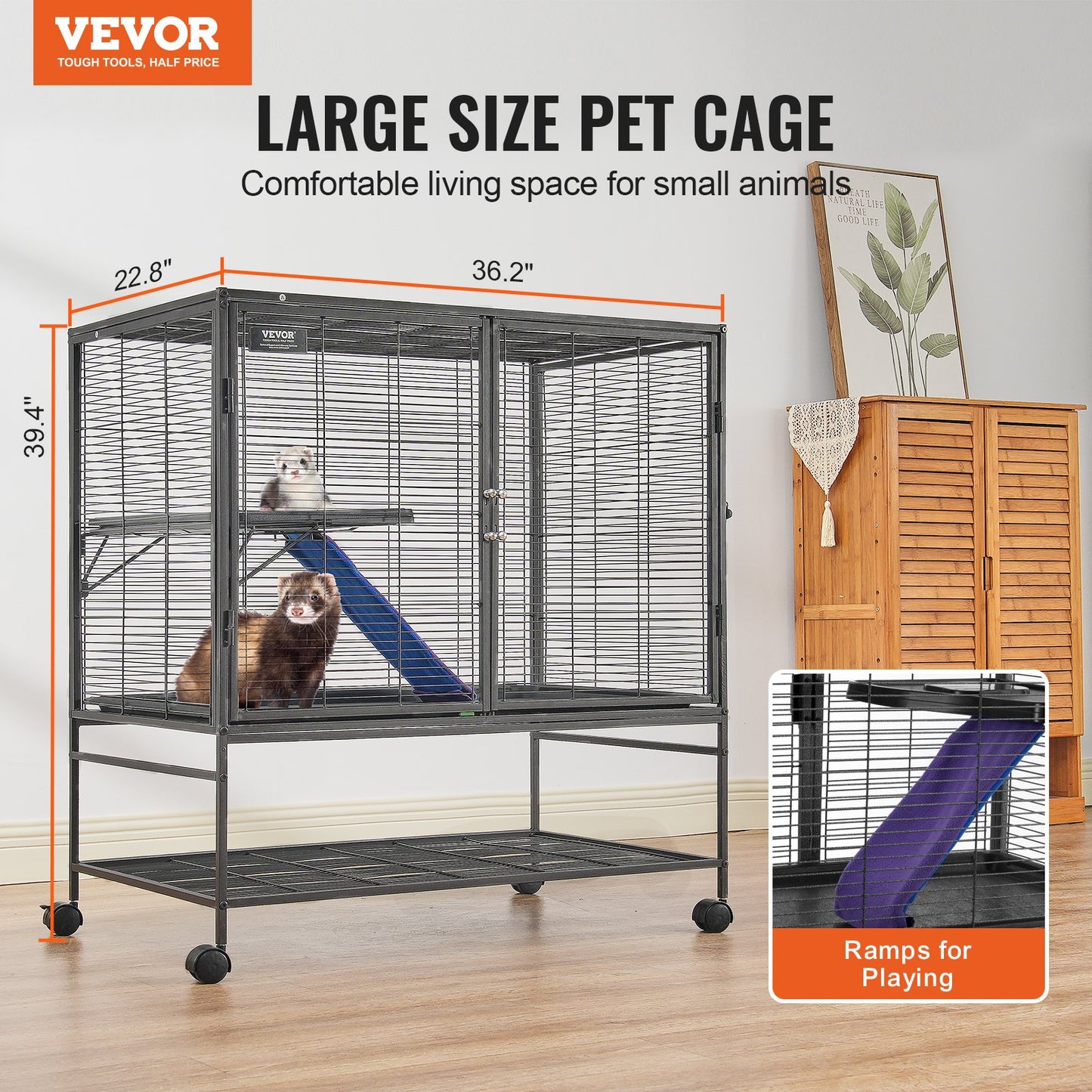 39' Metal Small Animal Cage 2-Tier Rolling Ferret Cage With Tray A Ramp