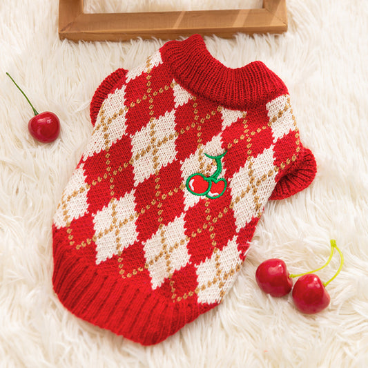 Warm Diamond-Embroidered Cherry Pet Sweater