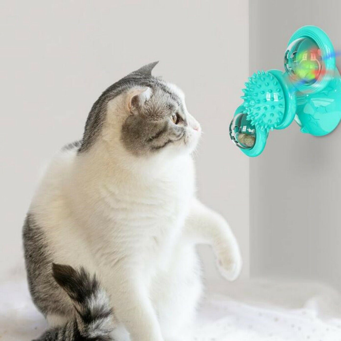 Rotating Windmill Cat Toy – Suction Cup Catnip Spinner & Dental Massager