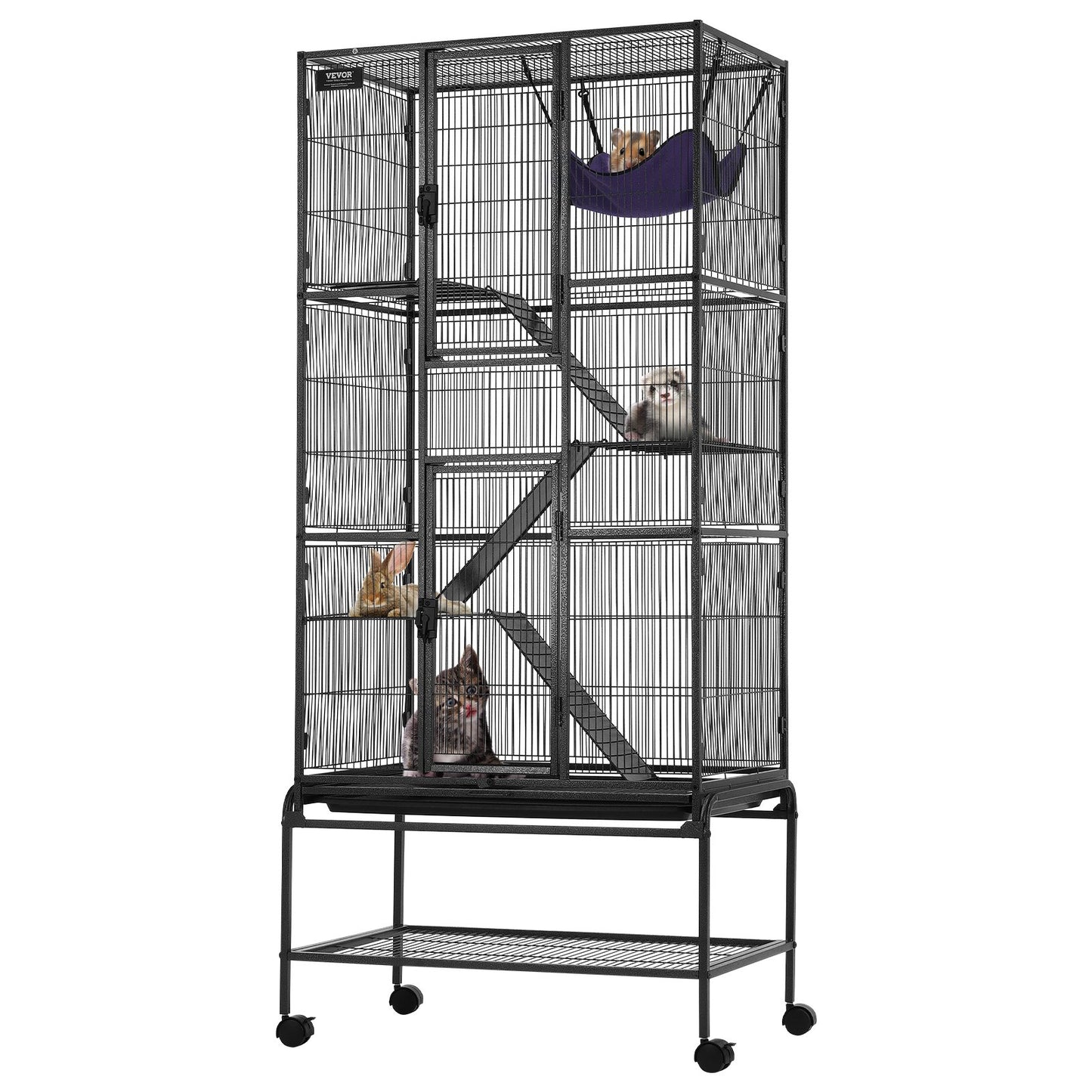 69' Metal Small Animal Cage 4-Tier Rolling Ferret Cage With Tray 3 Ramps